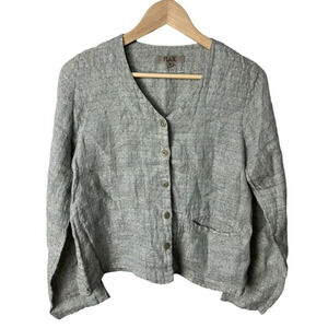 Flax Set Green Long Sleeve Button Jacket & Short Sleeve Top Size P Linen Vintage